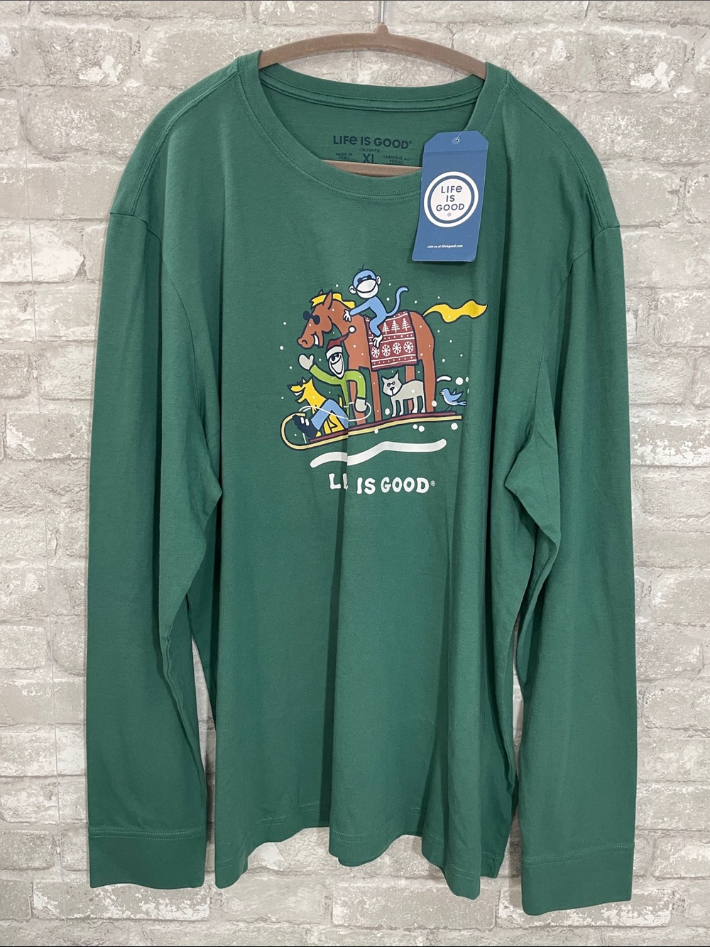 Life Is Good Crusher Forest Green Holiday Crewneck Tee with Playful Graphic